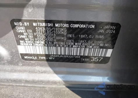 2024 Mitsubishi Outlander Sport 2.0 Es Awc/2.0 Le Awc/2.0 Ralliart Awc/2.0 S Awc/2.0 Se Awc/2.0 Trail Edition Awc from USA, damaged, VIN JA4ARUAU8RU007958